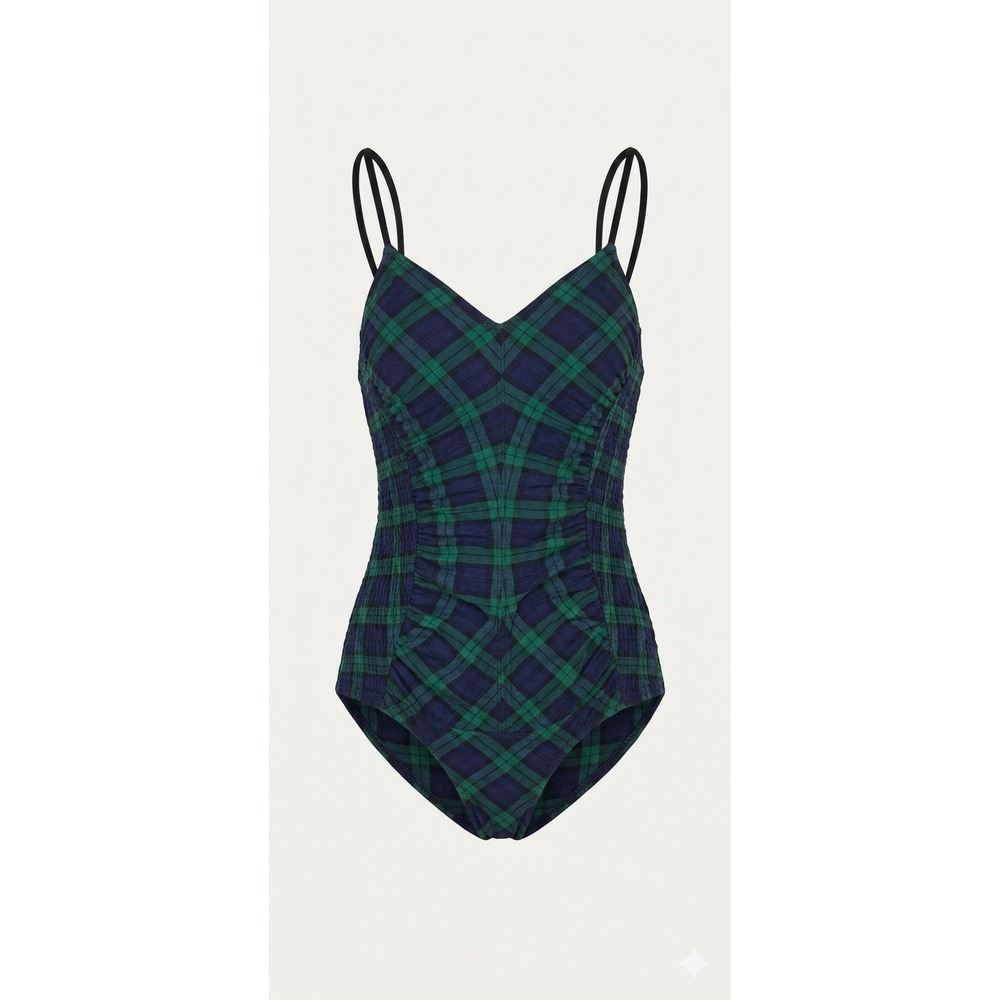 Malia Mills 4 Womens One Piece Swimsuit Plaid Ruched V-Neck Classic Smocked